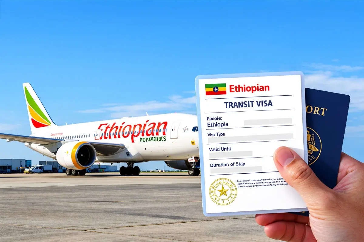 Ethiopian Airlines plane at airport gate — free transit visa for 7-day stopovers